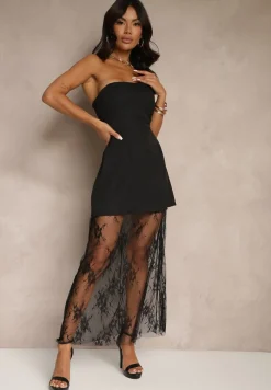 Czarna Rozkloszowana Sukienka Bez Rękawów Zdobiona Koronkową Podszewką Filesse