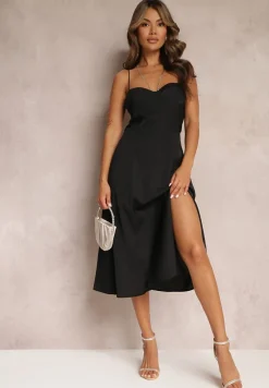 Czarna Rozkloszowana Sukienka Midi z Rozcięciem na Ramiączkach Josine