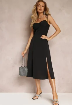 Czarna Rozkloszowana Sukienka Midi z Rozcięciem na Ramiączkach Josine