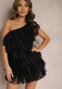 Czarna Rozkloszowana Sukienka Mini z Falbankami i Asymetrycznymi Ramionami Liurtta
