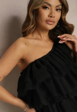 Czarna Rozkloszowana Sukienka Mini z Falbankami i Asymetrycznymi Ramionami Liurtta