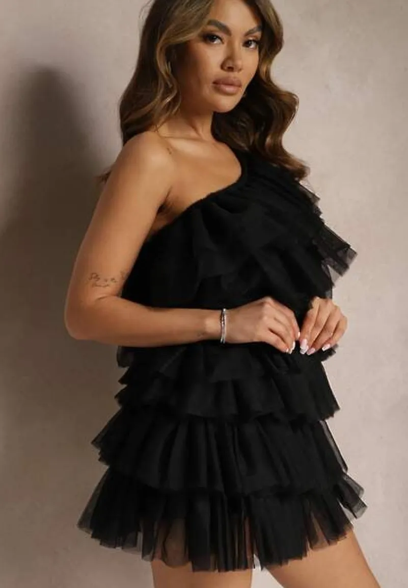 Czarna Rozkloszowana Sukienka Mini z Falbankami i Asymetrycznymi Ramionami Liurtta