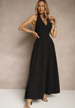 Czarna Rozkloszowana Sukienka Halter z Wiązaniem i Odkrytymi Plecami Senicce