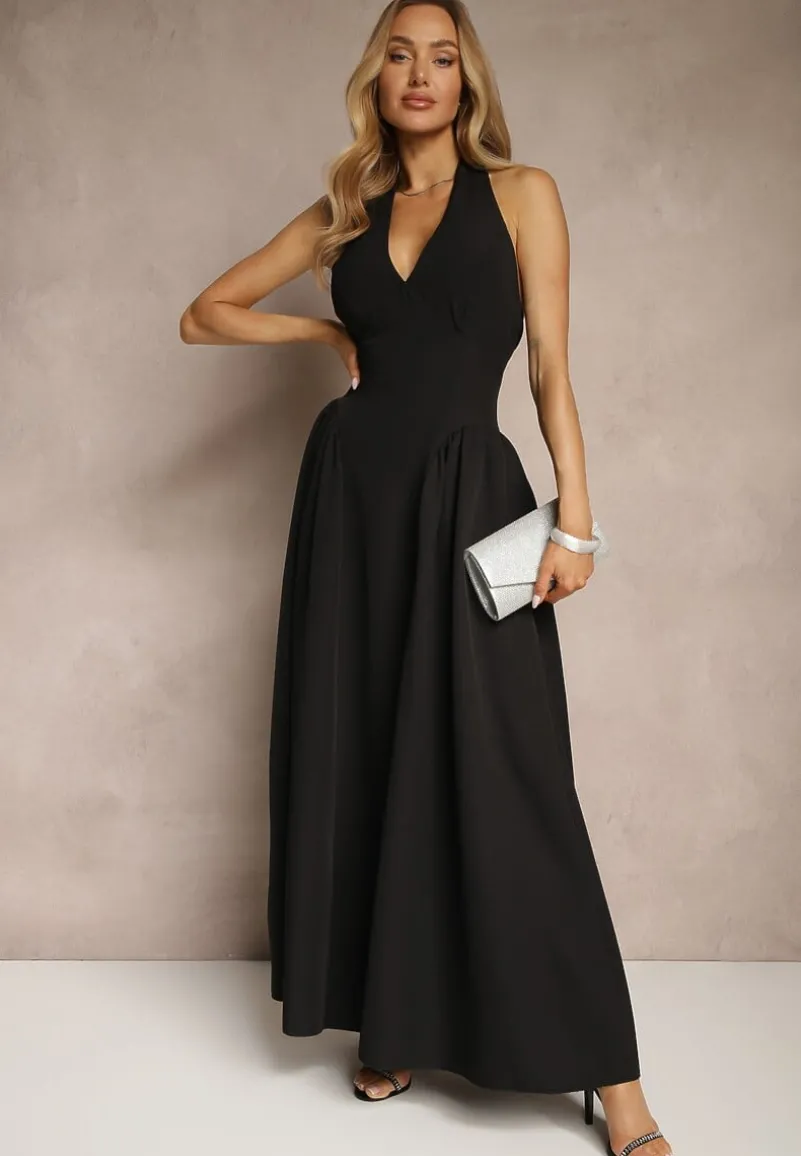 Czarna Rozkloszowana Sukienka Halter z Wiązaniem i Odkrytymi Plecami Senicce