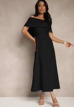 Czarna Rozkloszowana Sukienka na Ramiączkach z Wywiniętym Dekoltem Jenavitia