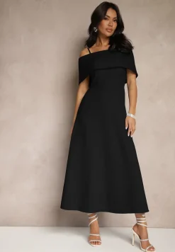 Czarna Rozkloszowana Sukienka na Ramiączkach z Wywiniętym Dekoltem Jenavitia