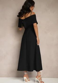 Czarna Rozkloszowana Sukienka na Ramiączkach z Wywiniętym Dekoltem Jenavitia