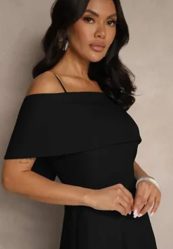 Czarna Rozkloszowana Sukienka na Ramiączkach z Wywiniętym Dekoltem Jenavitia