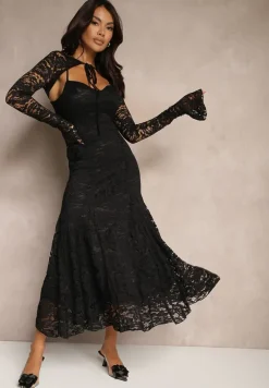 Czarna Rozkloszowana Sukienka z Koronki z Dodatkowym Bolerkiem Gonavora
