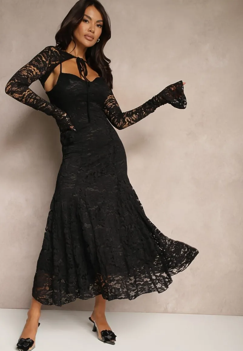 Czarna Rozkloszowana Sukienka z Koronki z Dodatkowym Bolerkiem Gonavora