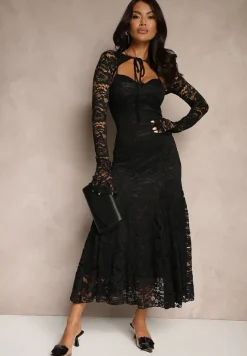 Czarna Rozkloszowana Sukienka z Koronki z Dodatkowym Bolerkiem Gonavora