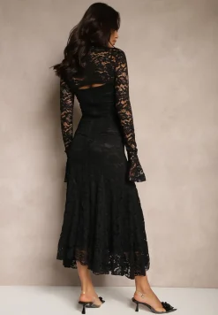 Czarna Rozkloszowana Sukienka z Koronki z Dodatkowym Bolerkiem Gonavora