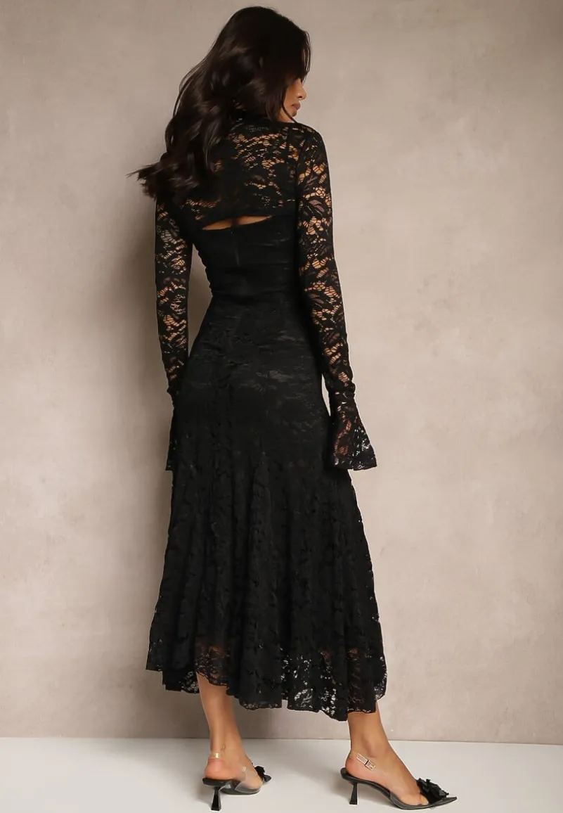 Czarna Rozkloszowana Sukienka z Koronki z Dodatkowym Bolerkiem Gonavora