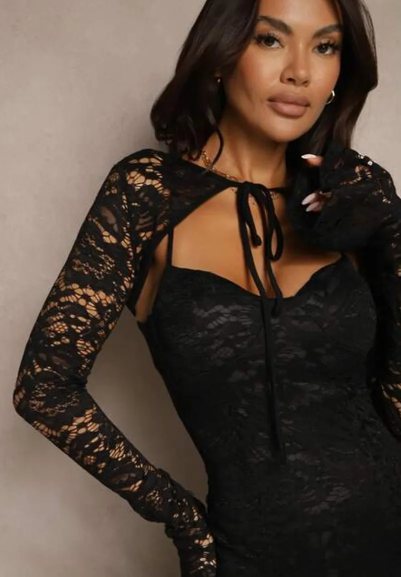 Czarna Rozkloszowana Sukienka z Koronki z Dodatkowym Bolerkiem Gonavora