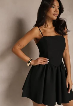 Czarna Rozkloszowana Sukienka z Gorsetową Górą na Ramiączkach Leannith