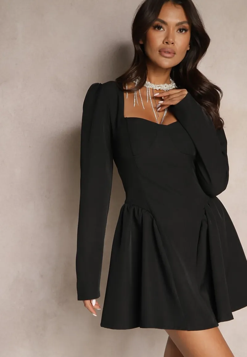Czarna Rozkloszowana Sukienka Koktajlowa z Gorsetową Górą i Falbankami Arisora