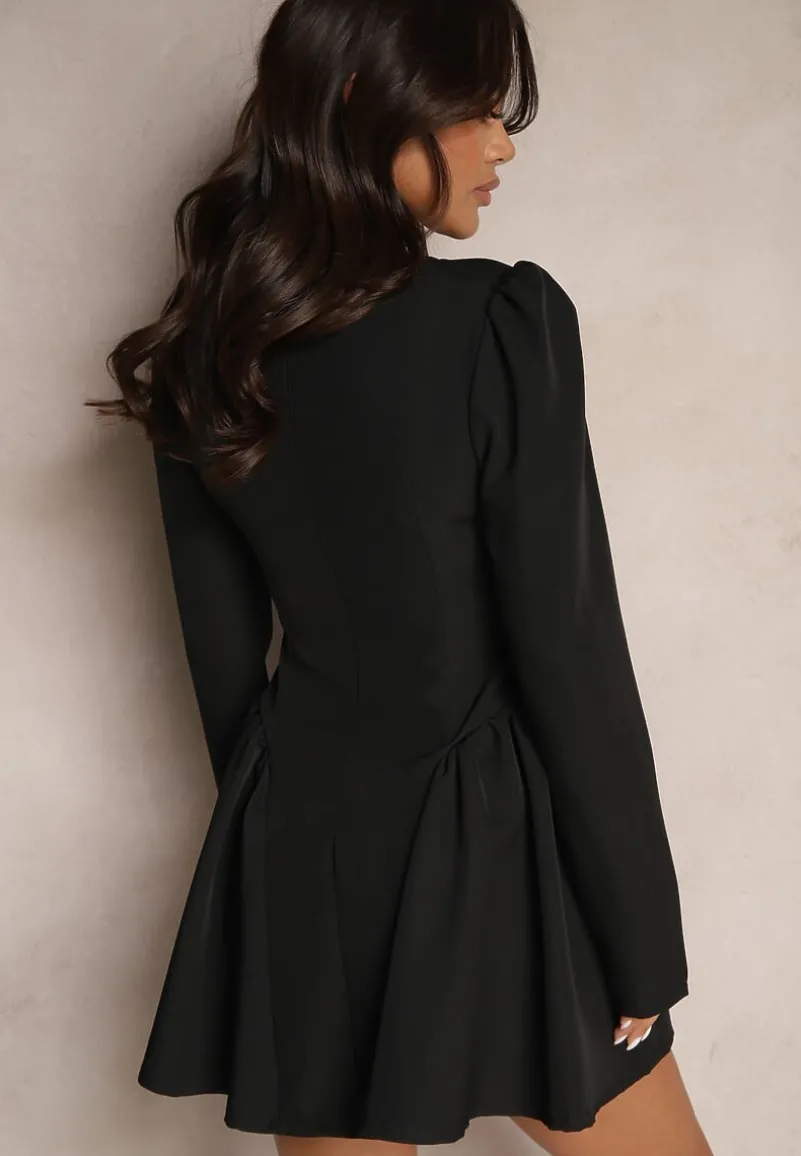 Czarna Rozkloszowana Sukienka Koktajlowa z Gorsetową Górą i Falbankami Arisora