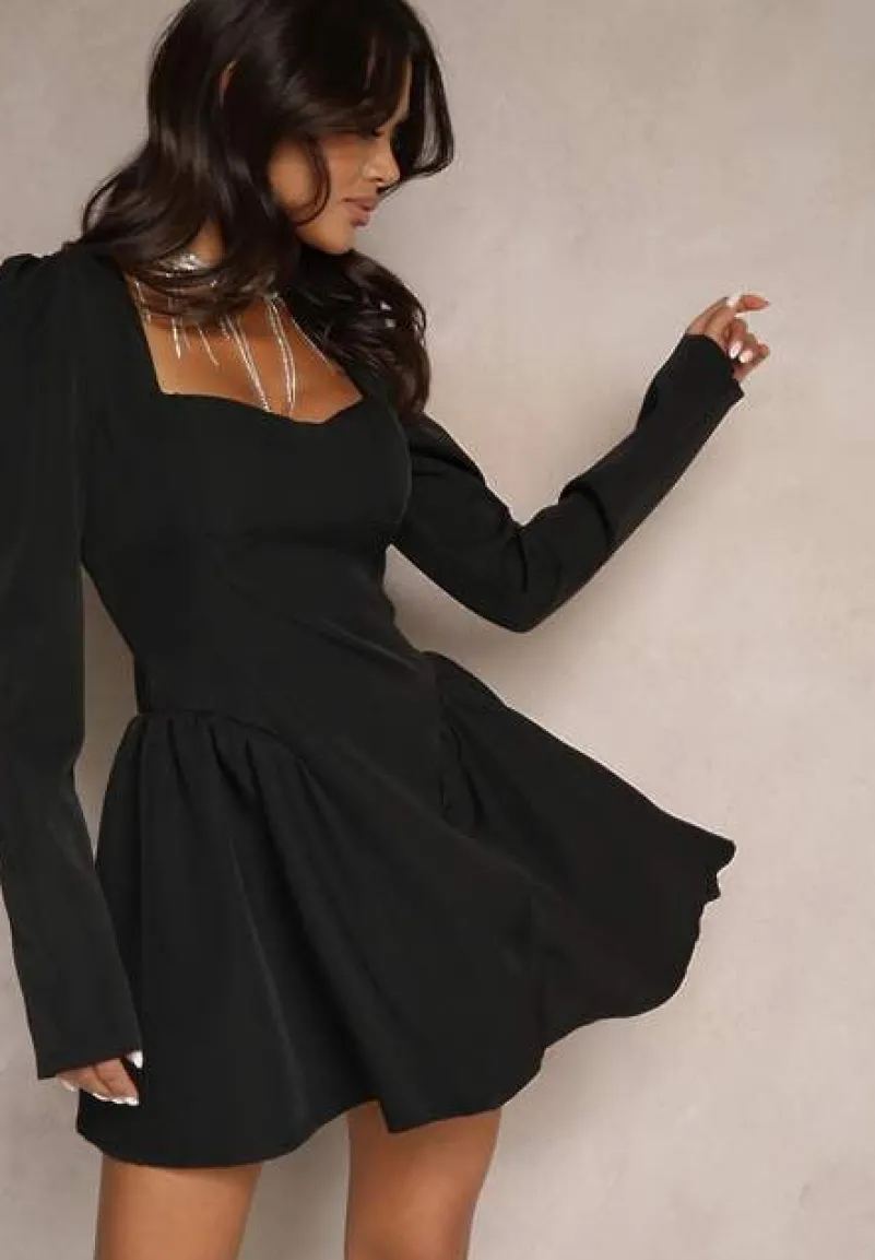 Czarna Rozkloszowana Sukienka Koktajlowa z Gorsetową Górą i Falbankami Arisora