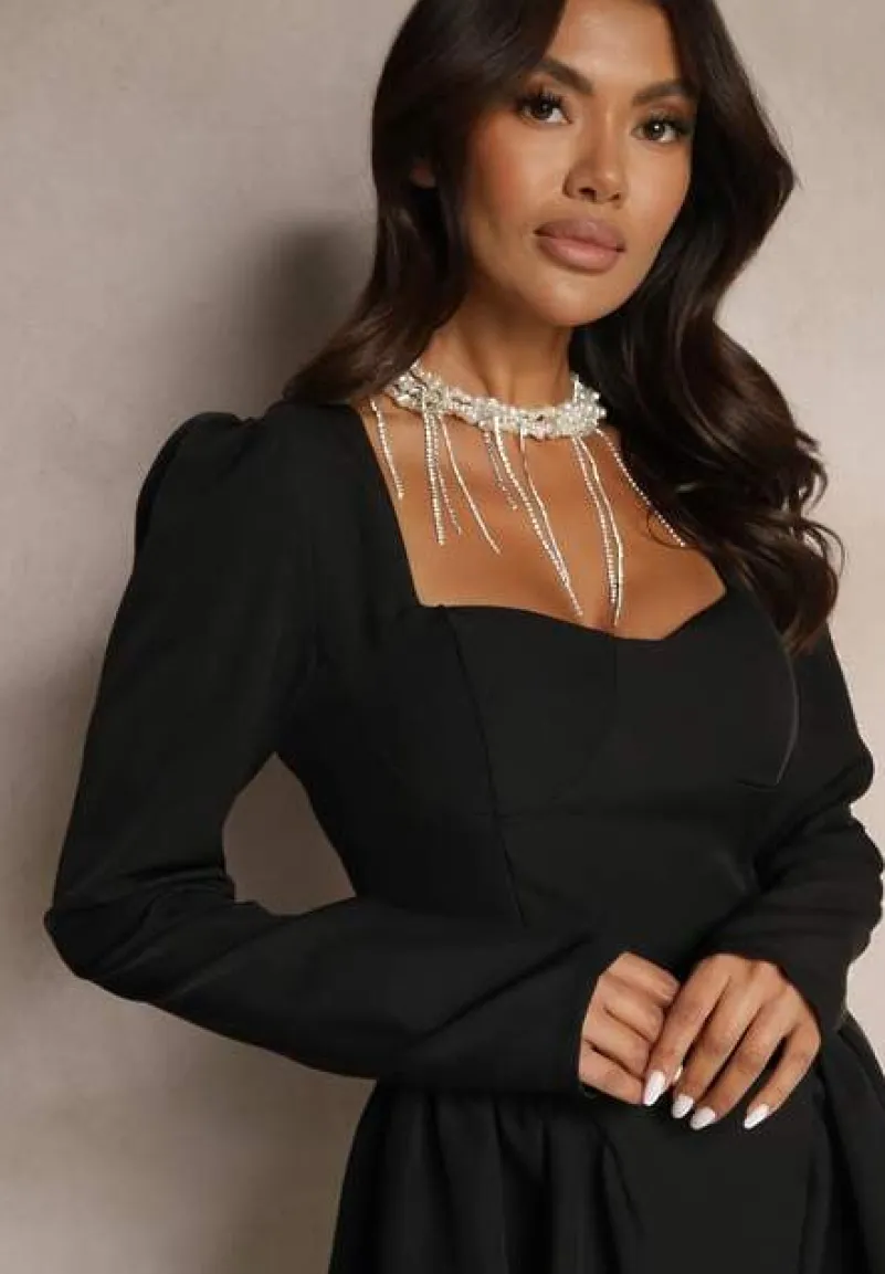 Czarna Rozkloszowana Sukienka Koktajlowa z Gorsetową Górą i Falbankami Arisora