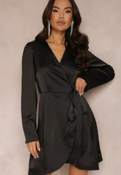 Czarna Satynowa Sukienka Kopertowa Vinc