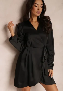 Czarna Satynowa Sukienka Kopertowa Vinc