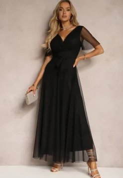 Czarna Siateczkowa Sukienka z Kopertowym Dekoltem Wiązana w Talii Niblea