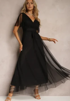 Czarna Siateczkowa Sukienka z Kopertowym Dekoltem Wiązana w Talii Niblea