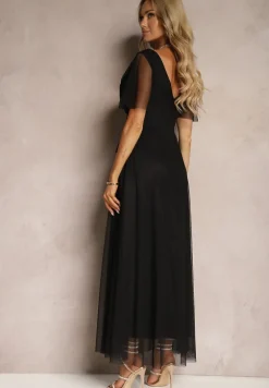 Czarna Siateczkowa Sukienka z Kopertowym Dekoltem Wiązana w Talii Niblea