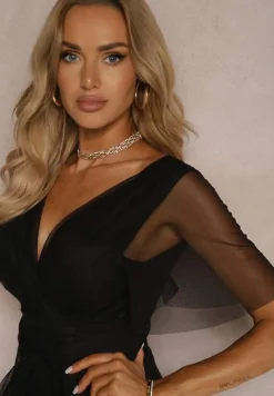 Czarna Siateczkowa Sukienka z Kopertowym Dekoltem Wiązana w Talii Niblea