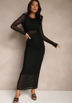 Czarna Siateczkowa Sukienka Maxi o Dopasowanym Kroju Kremse