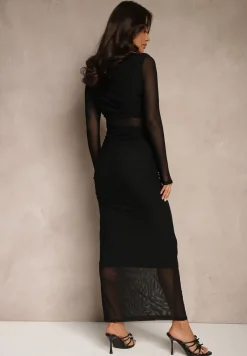 Czarna Siateczkowa Sukienka Maxi o Dopasowanym Kroju Kremse