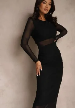 Czarna Siateczkowa Sukienka Maxi o Dopasowanym Kroju Kremse