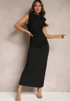 Czarna Sukienka Bodycon o Dopasowanym Fasonie Bez Rękawów z Drapowaniem Roxelina