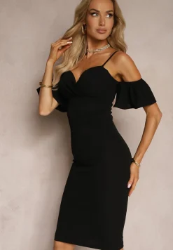 Czarna Sukienka Bodycon z Falbankami przy Ramionach Oiberia