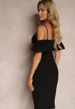 Czarna Sukienka Bodycon z Falbankami przy Ramionach Oiberia