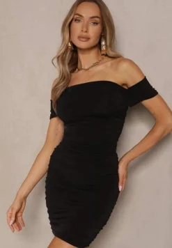 Czarna Sukienka Bodycon z Górą Open Shoulder i Marszczeniem Tosivea