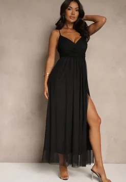 Czarna Sukienka Koktajlowa Ozdobiona Tiulowym Materiałem Deviora