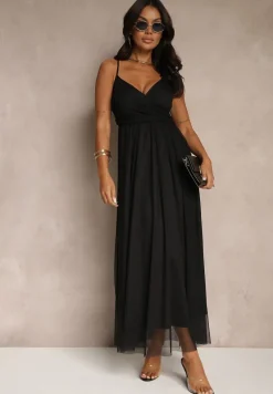 Czarna Sukienka Koktajlowa Ozdobiona Tiulowym Materiałem Deviora