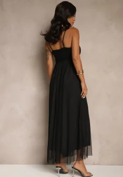 Czarna Sukienka Koktajlowa Ozdobiona Tiulowym Materiałem Deviora