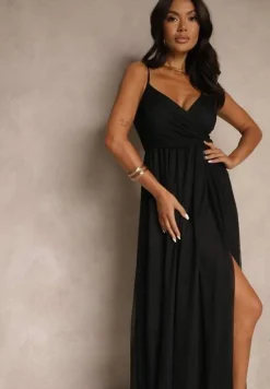 Czarna Sukienka Koktajlowa Ozdobiona Tiulowym Materiałem Deviora