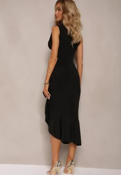 Czarna Sukienka Koktajlowa z Różaną Aplikacją Falbaną i Marszczeniem Nrivia