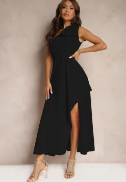 Czarna Sukienka Koktajlowa o Asymetrycznym Kroju na Jedno Ramię Ozdobiona Kokardą Vimorissa