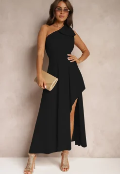 Czarna Sukienka Koktajlowa o Asymetrycznym Kroju na Jedno Ramię Ozdobiona Kokardą Vimorissa