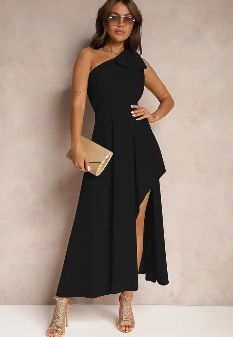 Czarna Sukienka Koktajlowa o Asymetrycznym Kroju na Jedno Ramię Ozdobiona Kokardą Vimorissa