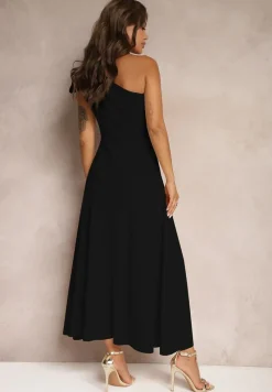 Czarna Sukienka Koktajlowa o Asymetrycznym Kroju na Jedno Ramię Ozdobiona Kokardą Vimorissa