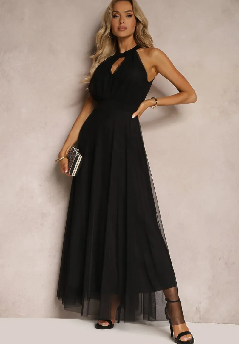 Czarna Sukienka Koktajlowa z Siateczką Wiązana Materiałowym Paskiem ze Stójką Nestassi