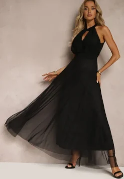 Czarna Sukienka Koktajlowa z Siateczką Wiązana Materiałowym Paskiem ze Stójką Nestassi