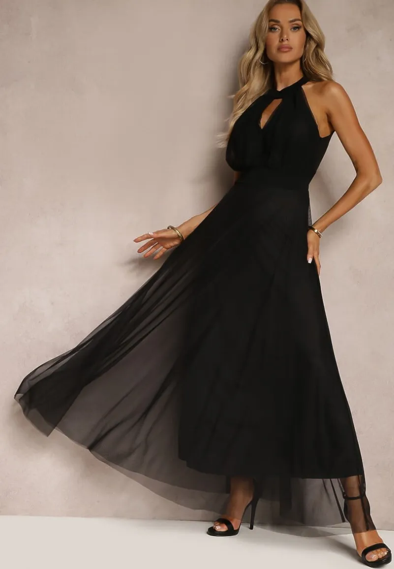 Czarna Sukienka Koktajlowa z Siateczką Wiązana Materiałowym Paskiem ze Stójką Nestassi