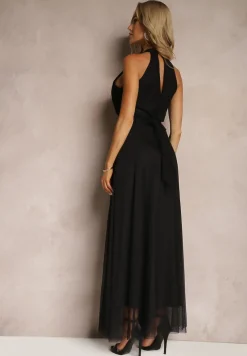 Czarna Sukienka Koktajlowa z Siateczką Wiązana Materiałowym Paskiem ze Stójką Nestassi