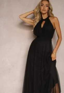 Czarna Sukienka Koktajlowa z Siateczką Wiązana Materiałowym Paskiem ze Stójką Nestassi